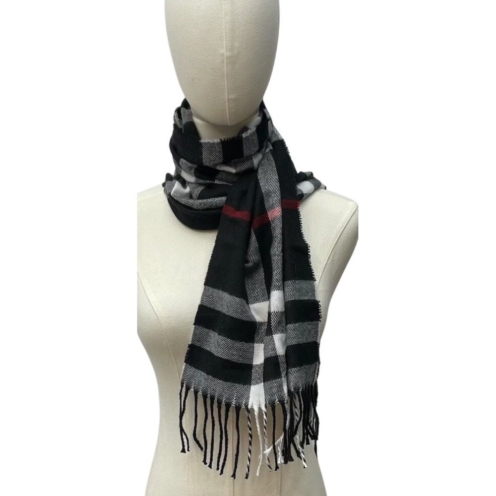 Dillards Plaid Fringe Scarf Black Gray Red‎ Tartan Nova Check Winter Wrap Unisex